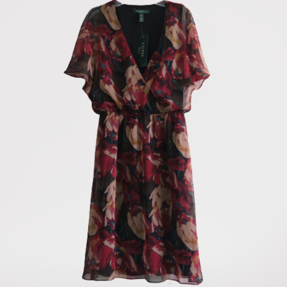 Ralph Lauren Dress Black Multi Floral V Neck 2 XS New